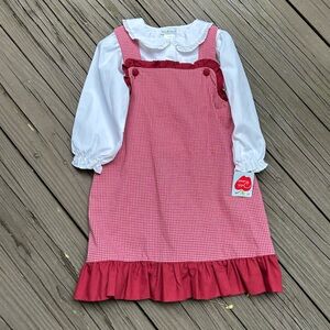 Petite Pomme Red Gingham Pinafore Dress with White Blouse